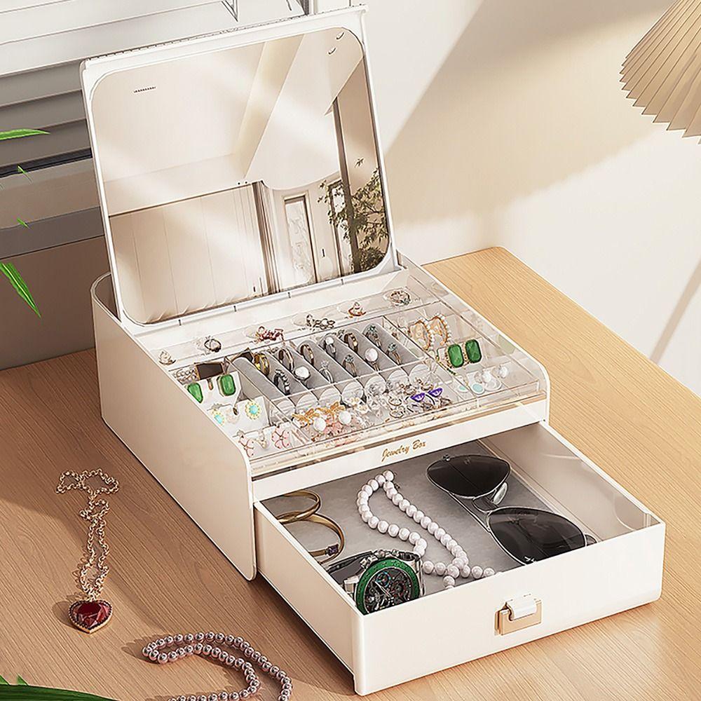 2-Layer Jewelry Box with Mirror Dust-proof Jewelry Storing Organizer Jewelry Display Holder  Rings