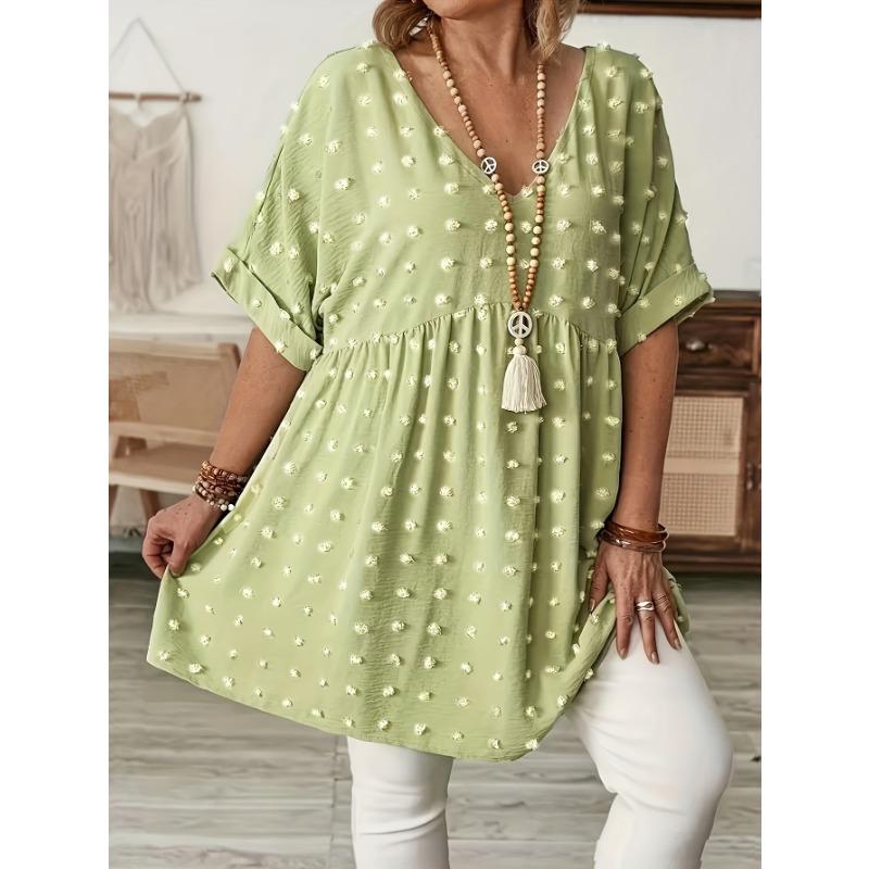 

Women s Plus Size V-Neck Batwing Sleeve Blouse Casual Mid-Length Ruffle Hem Skirt White Dot Pattern Spring Summer Dress XL жовтий