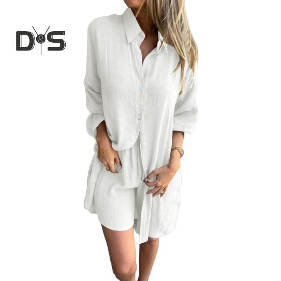 

Комплект из 2 предметов: весенняя рубашка, шорты, летняя одежда для сна, блузка средней длины с пуговицами и лацканами, свободный повседневный наряд с эластичным поясом M белый