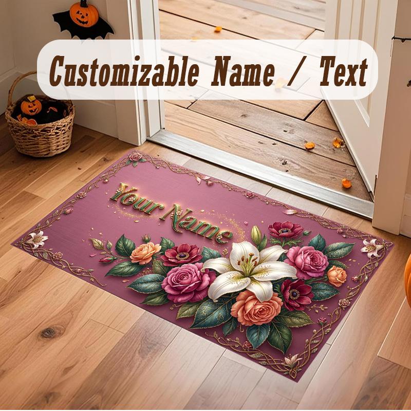 Floral Garden Theme Soft Crystal Velvet Rug Custom Name & Text Print Non Slip Floor Rug for Bedroom Living Room