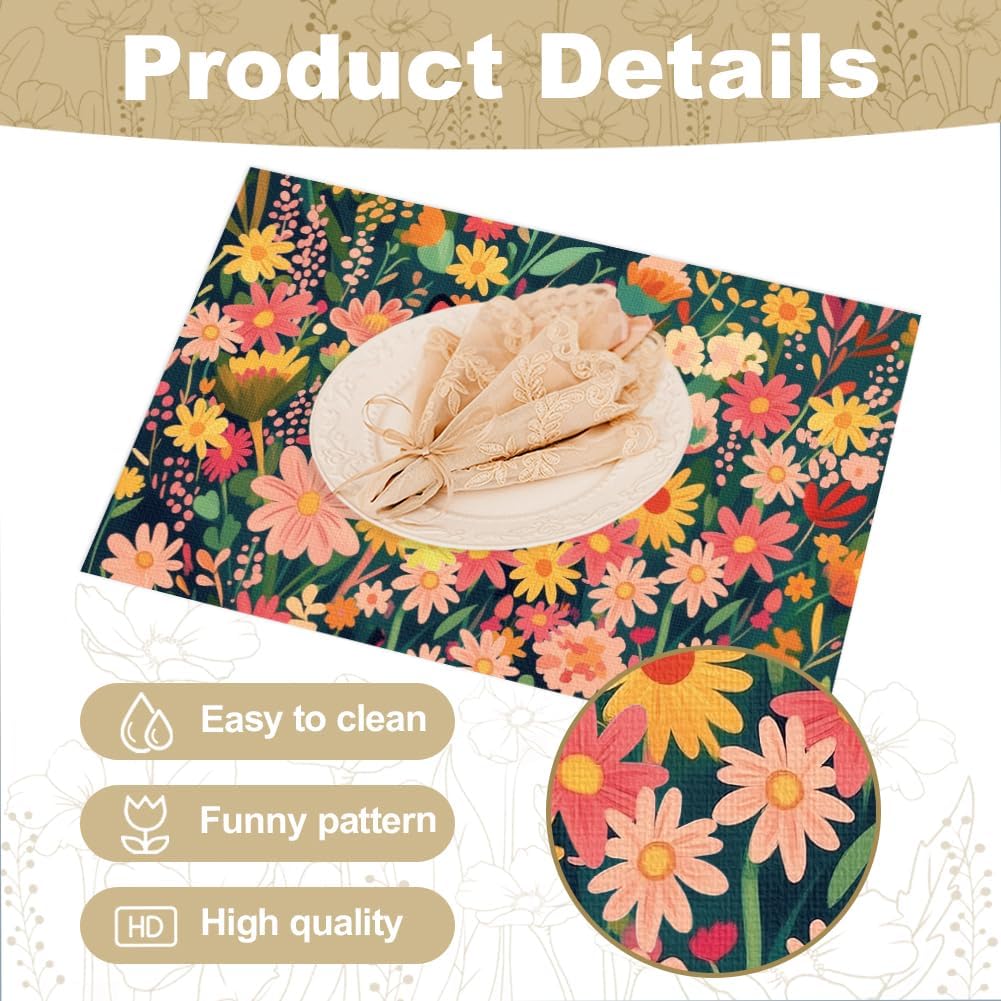 WADORN Flowers Cat Placemats Set of 6, Black Cat Wildflowers Cloth Table Place Mats 11.8x17.7 Inch Non-Slip Linen Washable Table Mats Heat Resistant