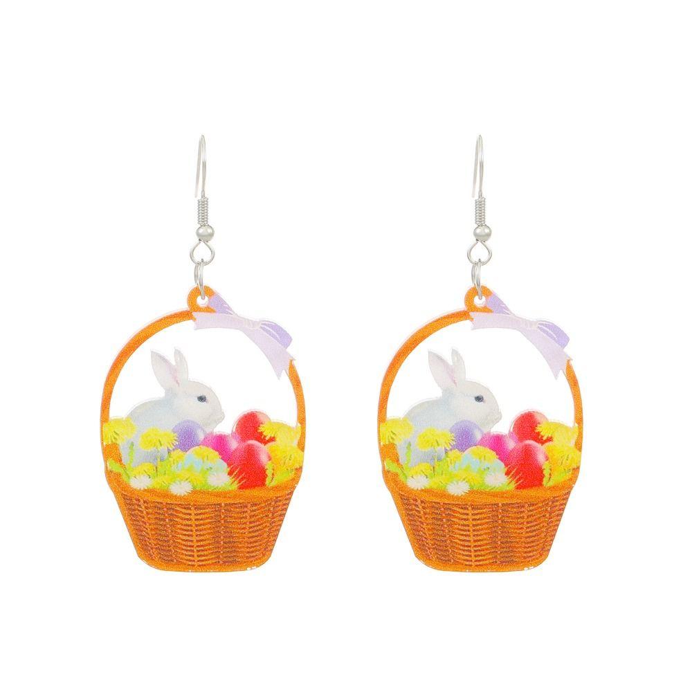 Hasen-Osterohrringe, bemalte Eierschale, dekorierter Blumenkorb, ästhetischer Schmuck, Acryl, Vintage, trendig, kreativ, süße Mode