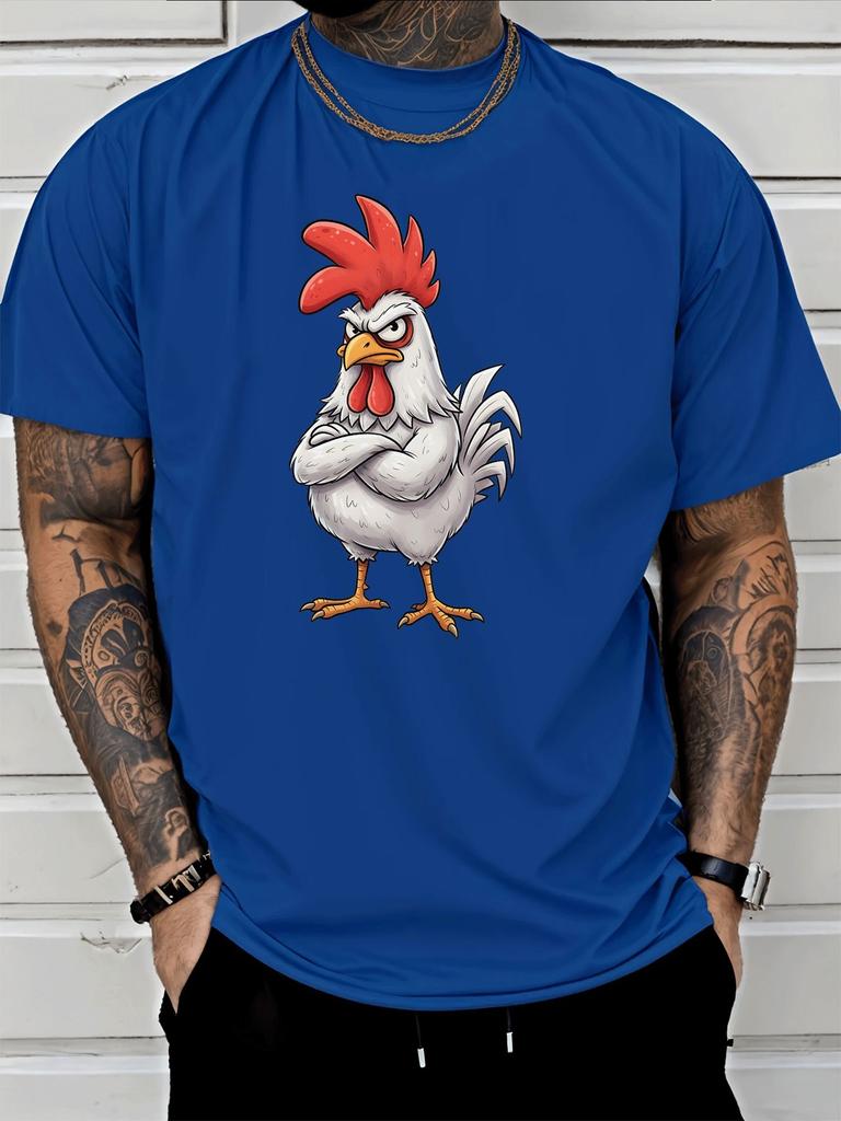 Unisex Summer Red Short Sleeve Tee Cool Cross Arm Rooster Cartoon Print Loose Hip Hop Crew Neck Daily Streetwear Casual Fashion Top
