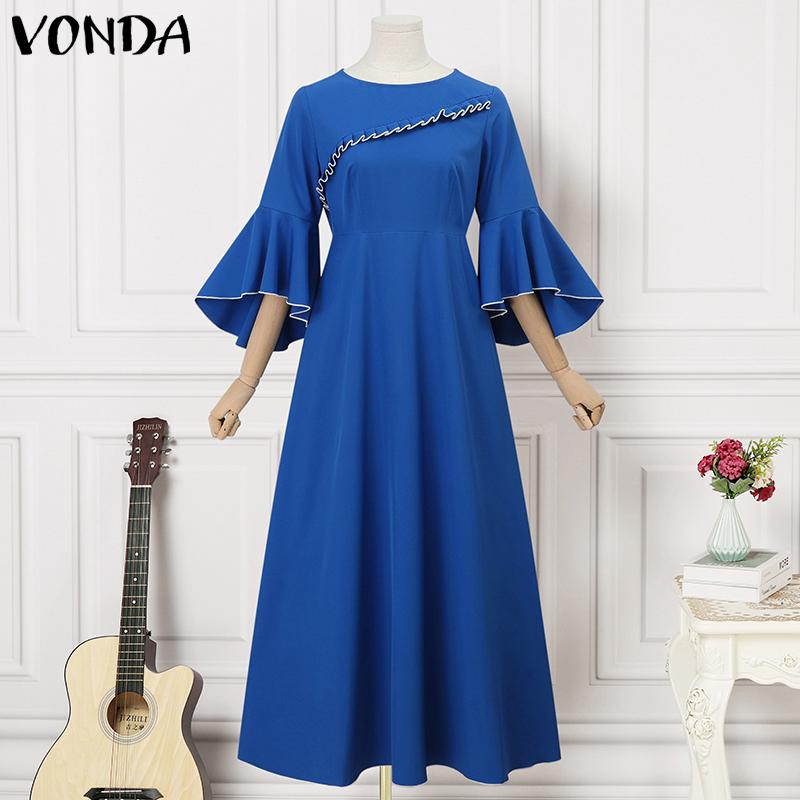 

VONDA Women Large Size Round Neck Flare Long Sleeve Waist Solid Color Loose Dress