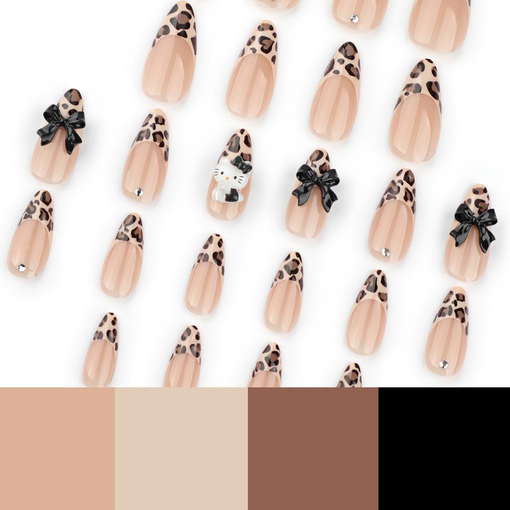 24pcs  Leopard Print Wear Armor Three-dimensional Point Diamond Bow Nail Art Fake Nail Nails