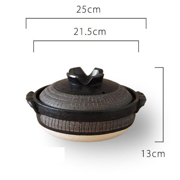 Minosarara Direct Flame Only Black Ten-Stripe Deep Clay Pot, Size 7, for 1-2 people