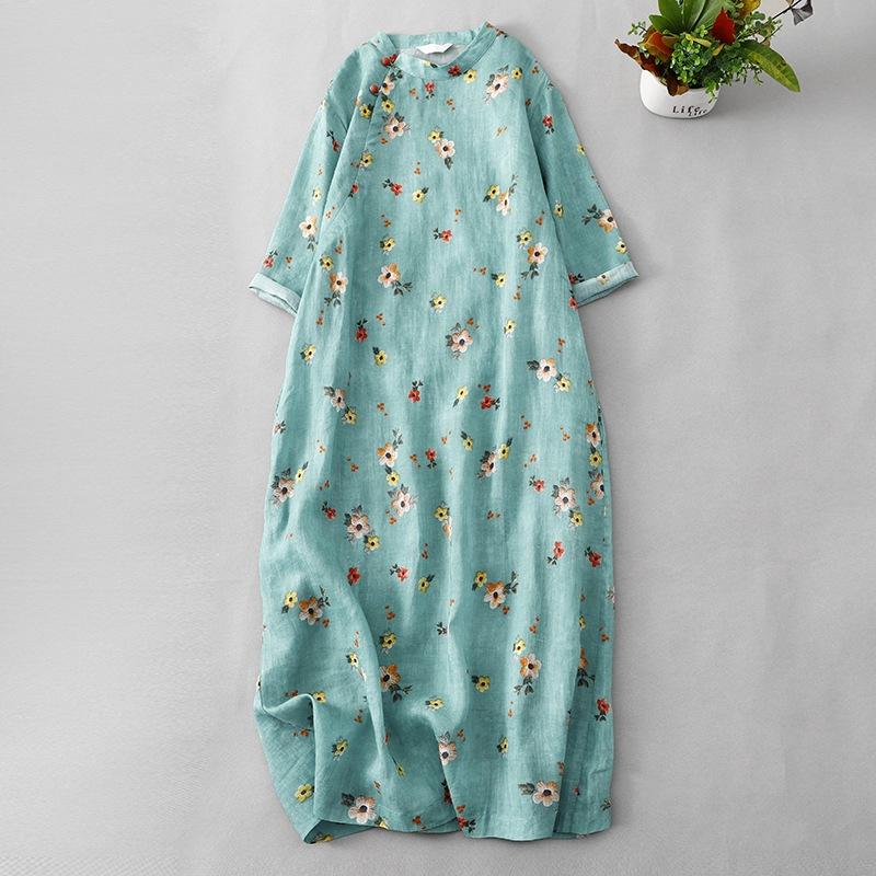 

2025 summer new printed retro diagonal placket stand-up collar improved cheongsam dress women s five-quarter sleeve temperament medium and long dress 2XL зелений