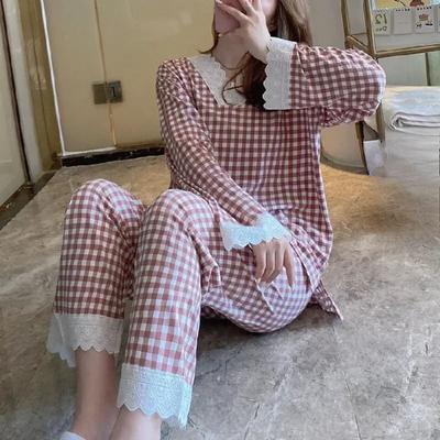 2 Piezas/set Pijama de Mujer Cuello en V Ropa de Casa de Estudiante Seda de Leche Pantalones de Manga Larga Encaje Encaje Puede Salir Ropa de Mujer