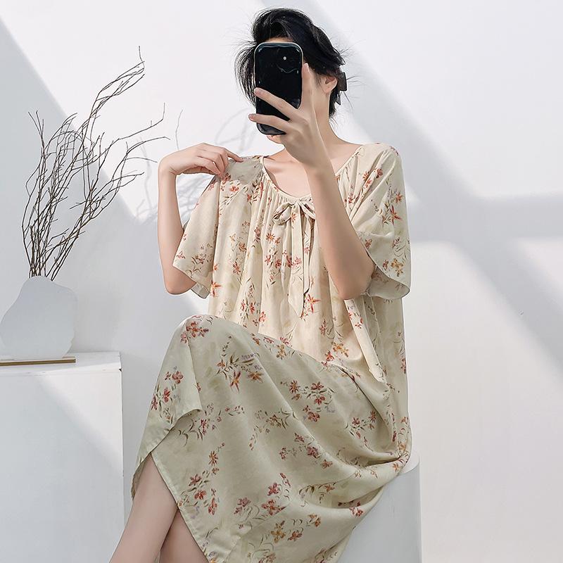 Cotton and Silk Nightgown Women's Summer Short-sleeved Thin New Chinese-style Printed Pajamas Internet Celebrity Live Broadcast Large Size Spring