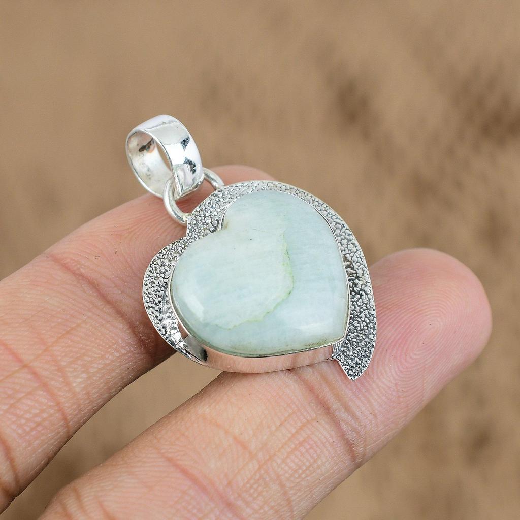 Gift For Women Pendant Heart 925 Sterling Silver Natural Amazonite Gemstone