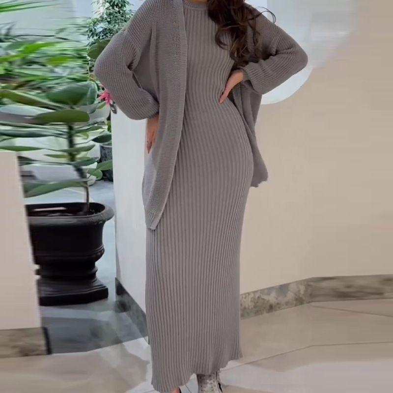 

Fashion Style Autumn Winter Sweater Long Skirt Fashion Suit Knitted Shirt and Long Skirt Set Grey XL