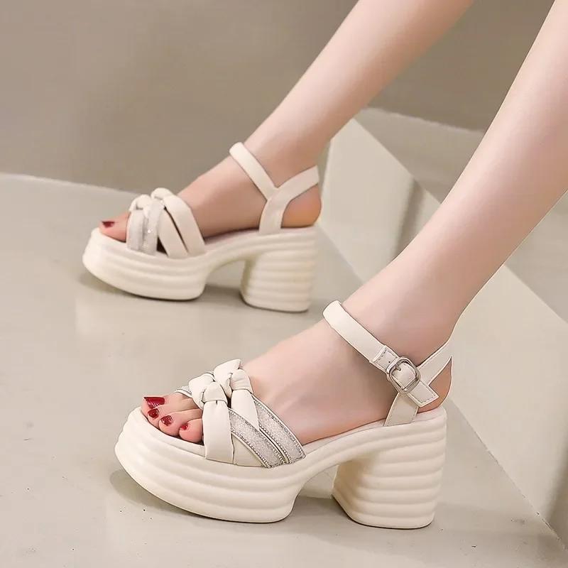 

Fashion Women s Sandals 2025 Open Toe Elegant Dress Ladies Shoes Crystal Buckle Strap Platform Chunky Heel Shoes Female Heeled Sandals 34