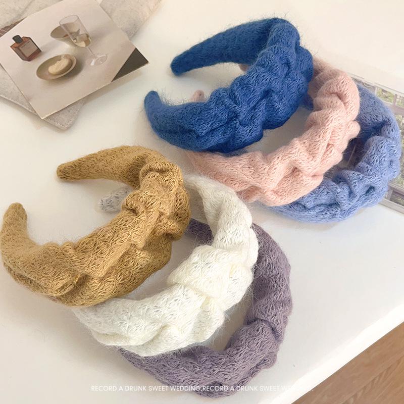 Woolen Pleated Wide Headband - Fluffy Knit Hair Tie for Makeup & Face Wash