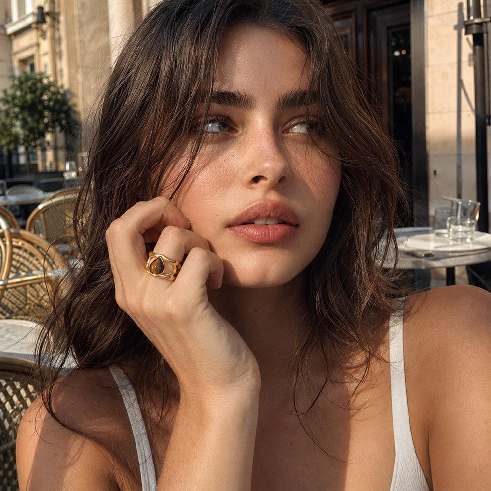 18K Gold Plated Stainless Steel Ring with Imitation Pearl & Tiger Eye Stone for Women - European-American Retro Style Luxury Jewelry