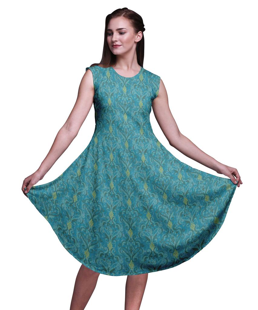 Bimba Blue Clover Leaves Floral Printed Ladies Sleeveless Round Neck Summer Dress Casual
