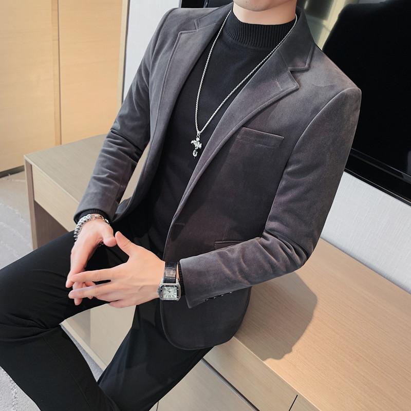 

Блейзеры мужские осень-зима новые модные бархатные пиджаки для мужчин корейская роскошная одежда приталенный формальный костюм пальто 2XL серый