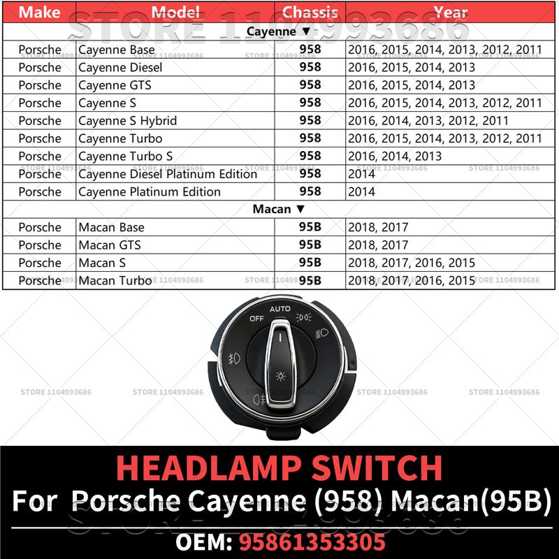 For Porsche 2011-2016 Cayenne (958) 2015-2018 Macan (95B) Headlamp Switch OEM 95861353305 7P5941531F 95861353303 95861353302