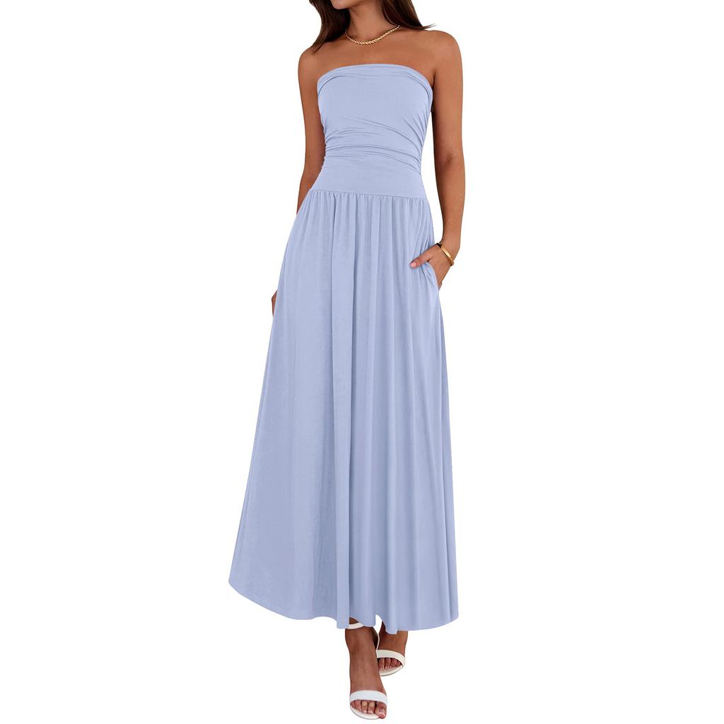 Summer Dresses For Women Strapless Ruched Tube Top Beach Vacation Dress Pockets