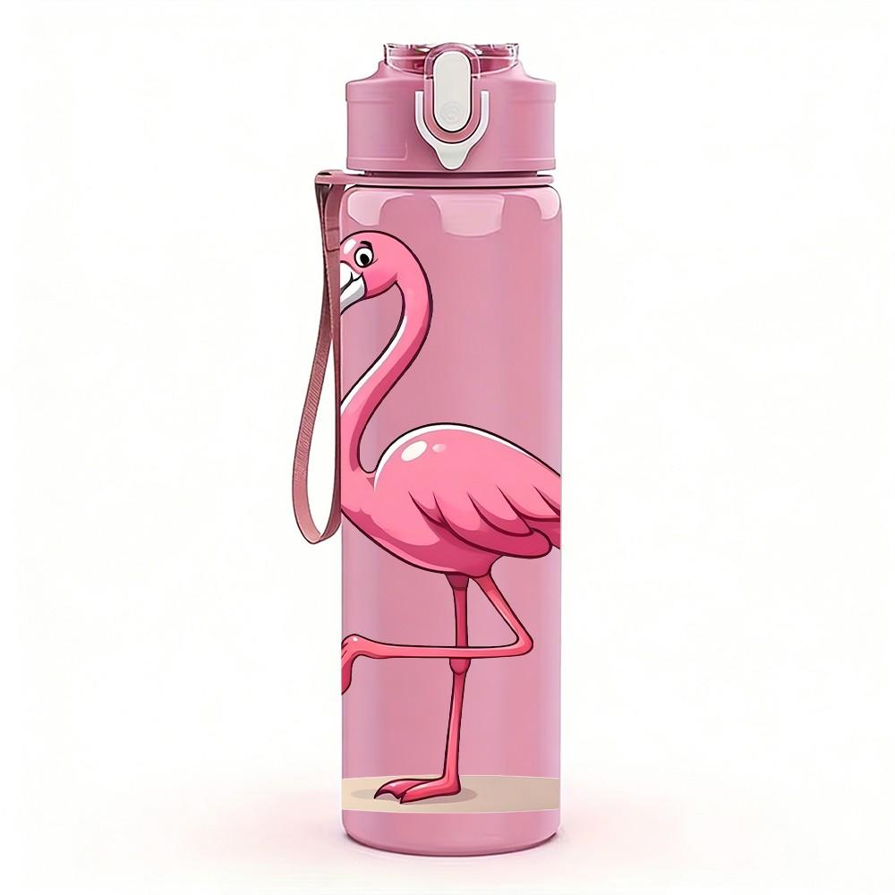 1PC Pink Flamingo Bird 750ml Color Plastic Sports Water Bottle Leakproof Flip Straw Lid Suitable for Sports Office Home Use