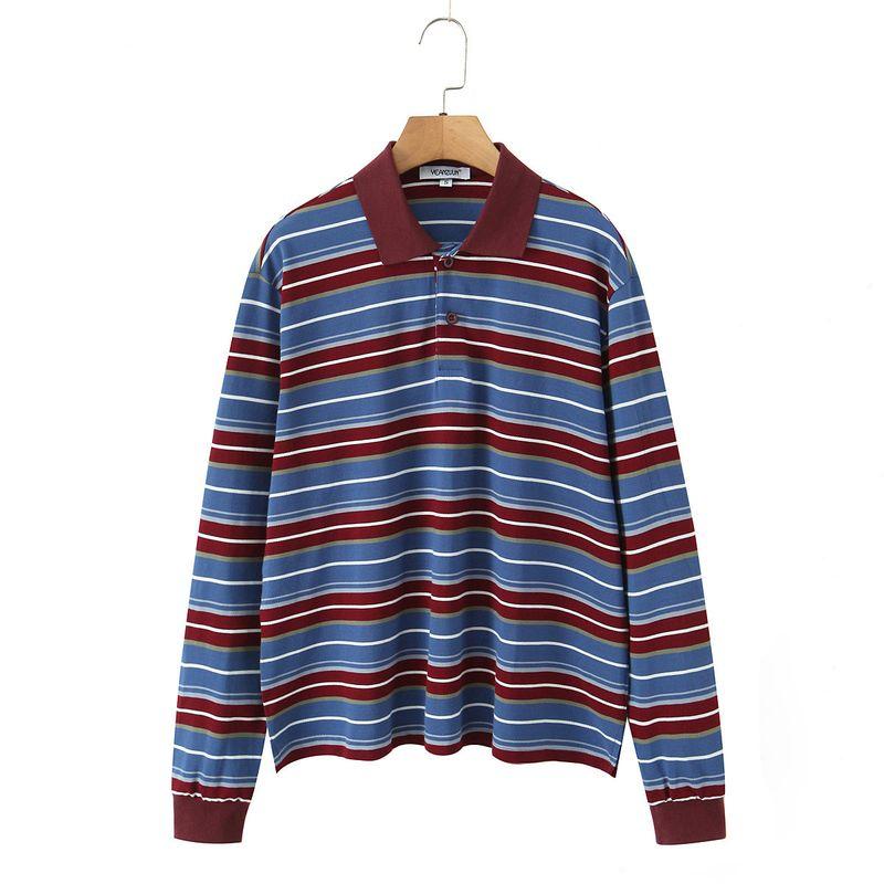 Zbzr New Fall Women's Clothing Fashion Wind Polo Collar Loose Casual Contrast Color Long Sleeves Stripes T-shirt-
