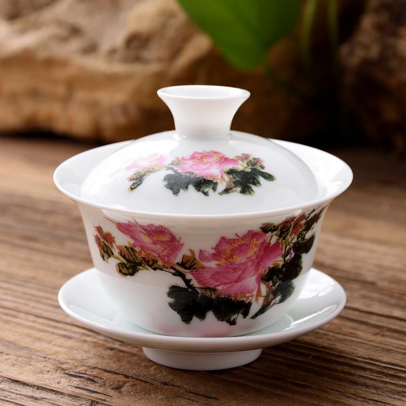 3.4-Inch Blue & White Ceramic Gaiwan Tea Set - 3-Piece, 100ml Capacity