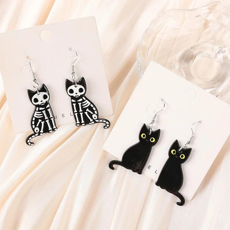 1Pair Halloween Black Cat Exposed Bone Drop Earrings Fashion Acrylic Skull Black Cat  for Women Festival Birthday Gift