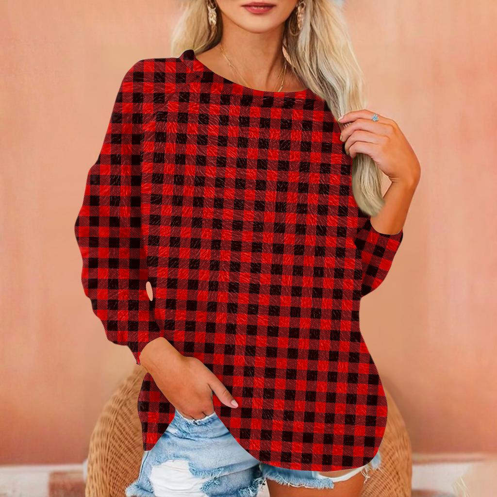 Women's T Shirt Flannel Print Tunic Long Sleeve Party Round Neck Tops