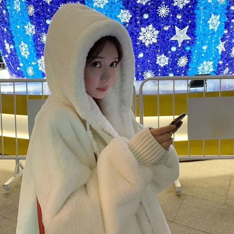 Veste Femme Mode Chaude Fausse Fourrure à Capuche Ample Mignonne Manteau en Peluche Longueur Moyenne Coupe Ample Manteau d'Extérieur Automne Hiver