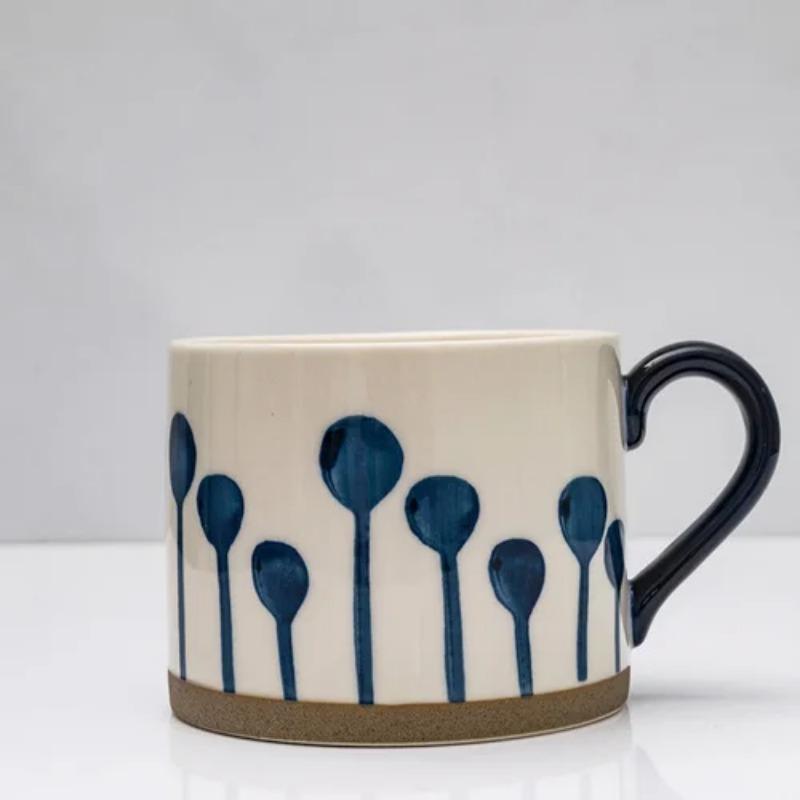 Japanese Ceramic Pattern Coffee Cup with Spoon 450ml Large Capacity Mug Simple Home Office Breakfast Milk Mug Pull Flower Latte