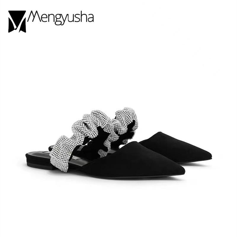 Fashion Crystal Ruffles Band Slippers Woman Trendy 2024 Sandals Flats Heels Pointed Toe Mules Ladies Shoes Cozy Slides Silver Flipflops