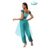 S-XXL Womens Arab Princess Cosplay Belly Dance Jumpsuit with Headwear and Detachable Sleeves Gem Decor Tulle Overlay Rompers Halloween Costume