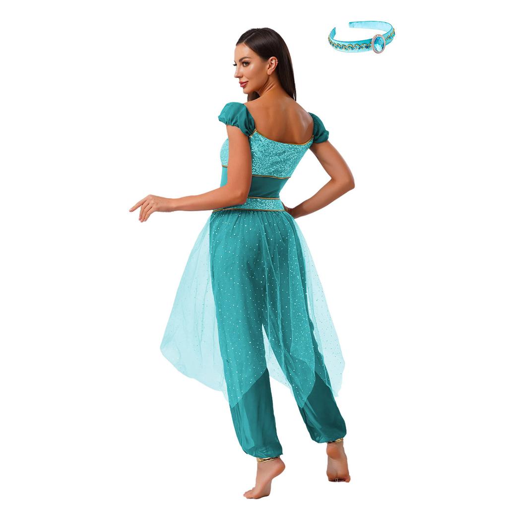 S-XXL Womens Arab Princess Cosplay Belly Dance Jumpsuit with Headwear and Detachable Sleeves Gem Decor Tulle Overlay Rompers Halloween Costume