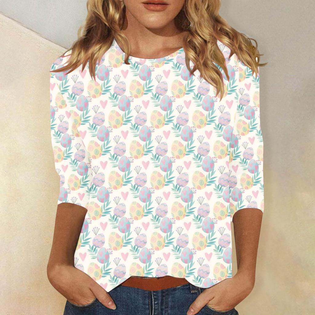 Round Neck 3D Rabbit Festival Printed Top Fashionable Casual Long Sleeved Women's T-shirts