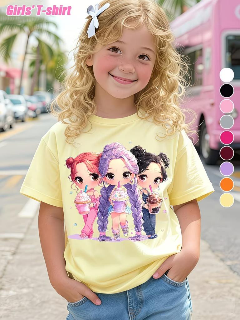 Summer Kpop Popular Cartoon Print Children's Design Casual Harajuku Style Round Neck Short Sleeved Top Fans Gifts Kids Clothes