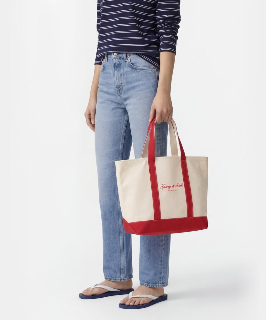 Sporty&Rich Signature Ny Logo Medium Tote Bag - Natural/Red R265Aob007