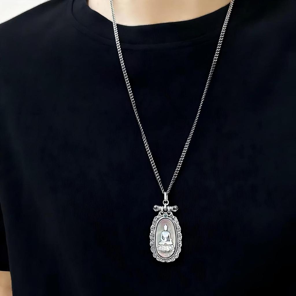 S925 Sterling Silver Medicine Buddha Pendant with Natural Shell Carving, Ethnic Auspicious Clouds Design, High-End Fashionable Necklace.
