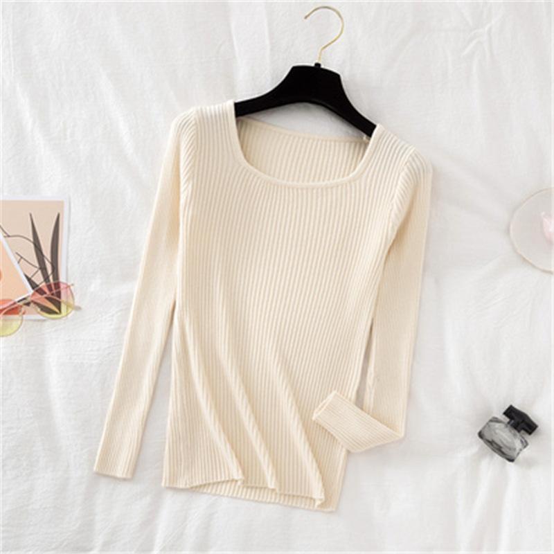 

Весенне-осенний новый свитер с квадратным вырезом, женский пуловер облегающего кроя, с коротким или длинным рукавом, низ, вязаный свитер, женский топ One Size абрикосовый