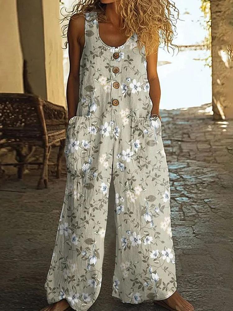 Damen Ärmelloser Jumpsuit mit Blumenmuster, Knopfleiste vorne und Seitentaschen