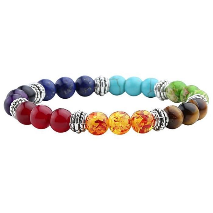 Bracelet - B0272 - 7 Chakras - Natural Lava Stone - Tiger's Eye - 8MM