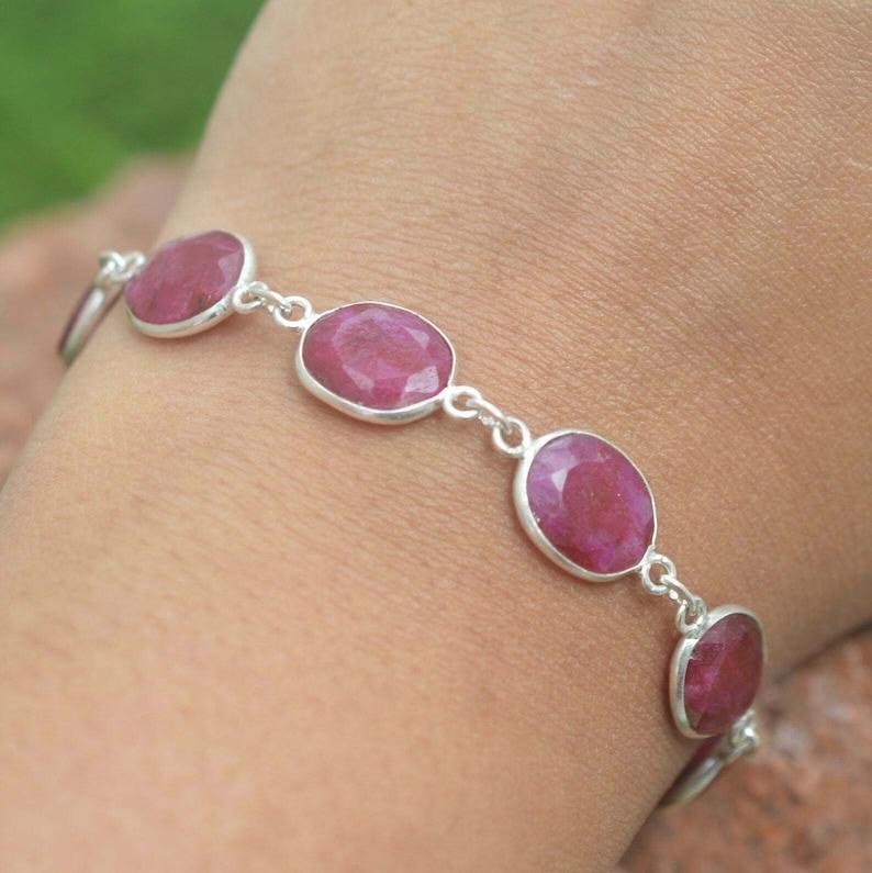 

Solid 925 Sterling Silver Dyed Ruby Gemstone Handmade Designer Boho Bracelet Gift For Her 7.5 inch