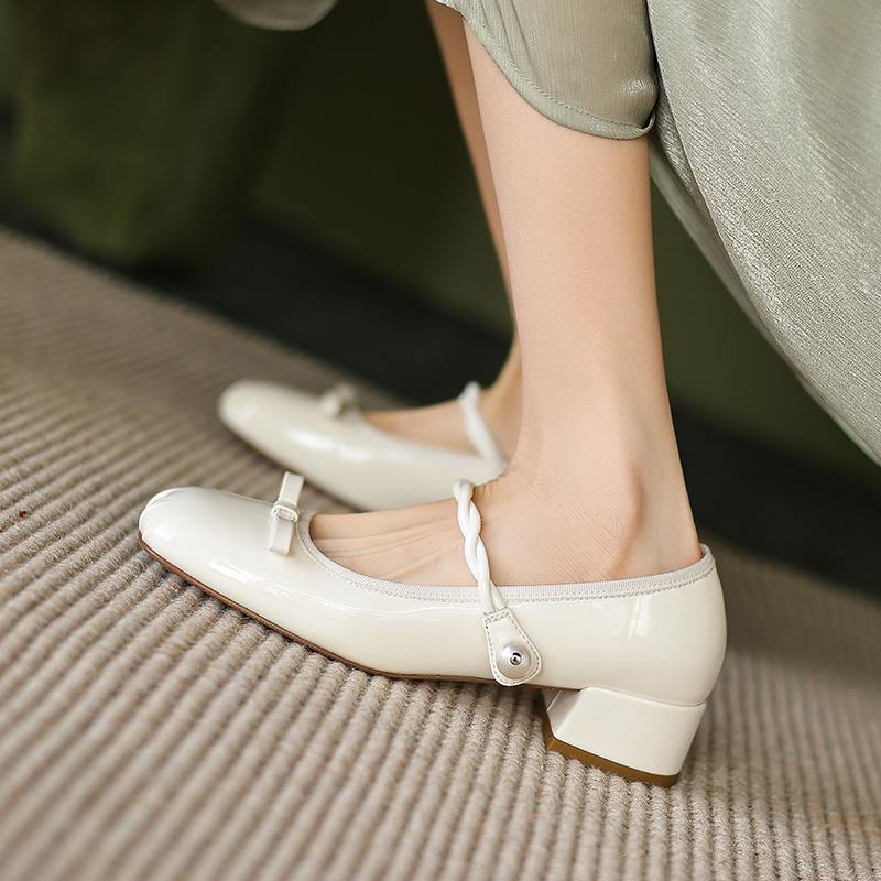 Krazing Pot Sheep Skin Spring Summer Size 41 Thick Med Heels Women Square Toe Pearl-studded Butterfly-knot Pumps