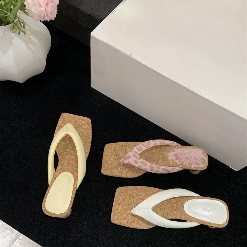 High Heels Women Slippers Square Toe Clip Toe Sandals Summer Shoes 2025 New Chunky Dress Pumps Casual Flip Flops Woman Slides