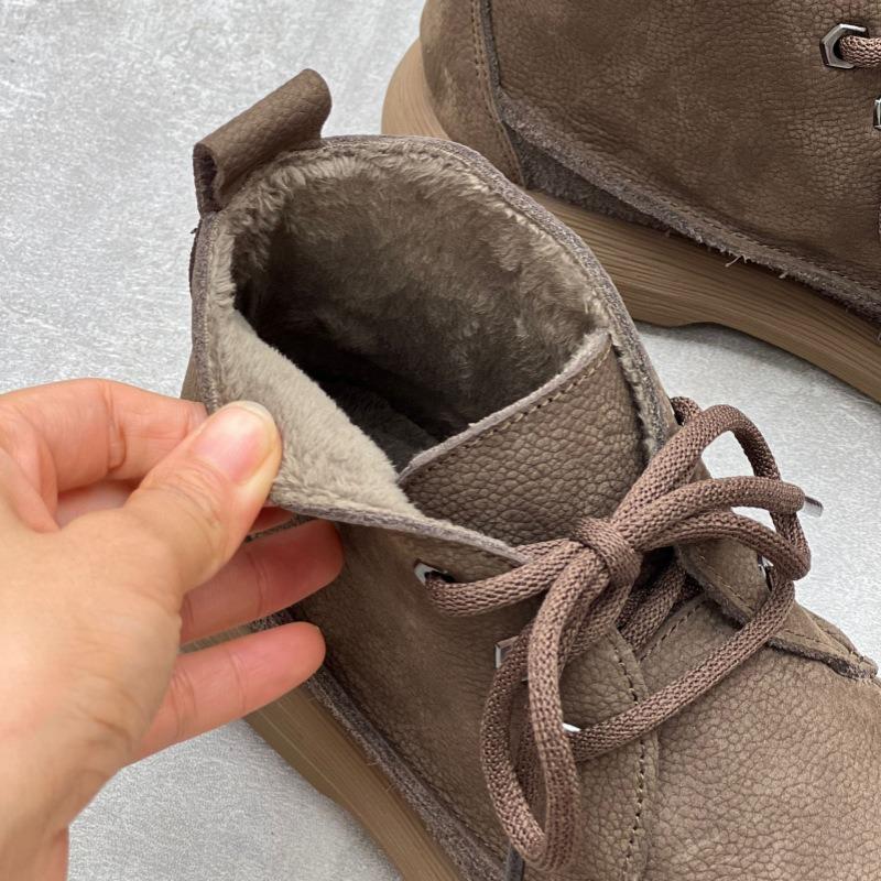 Women's Genuine Leather Ankle Boots Plush Fur Warm Winter Ladies Flat Shoes British Style Lace-Up Round Toe Women Short Boots