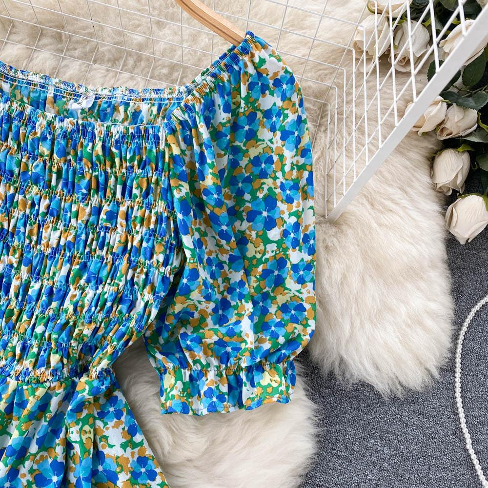 Women's Chic Sweet Slim Square Neck Bubble Sleeve Floral Dress Super Fairy Temperament A-line Dress