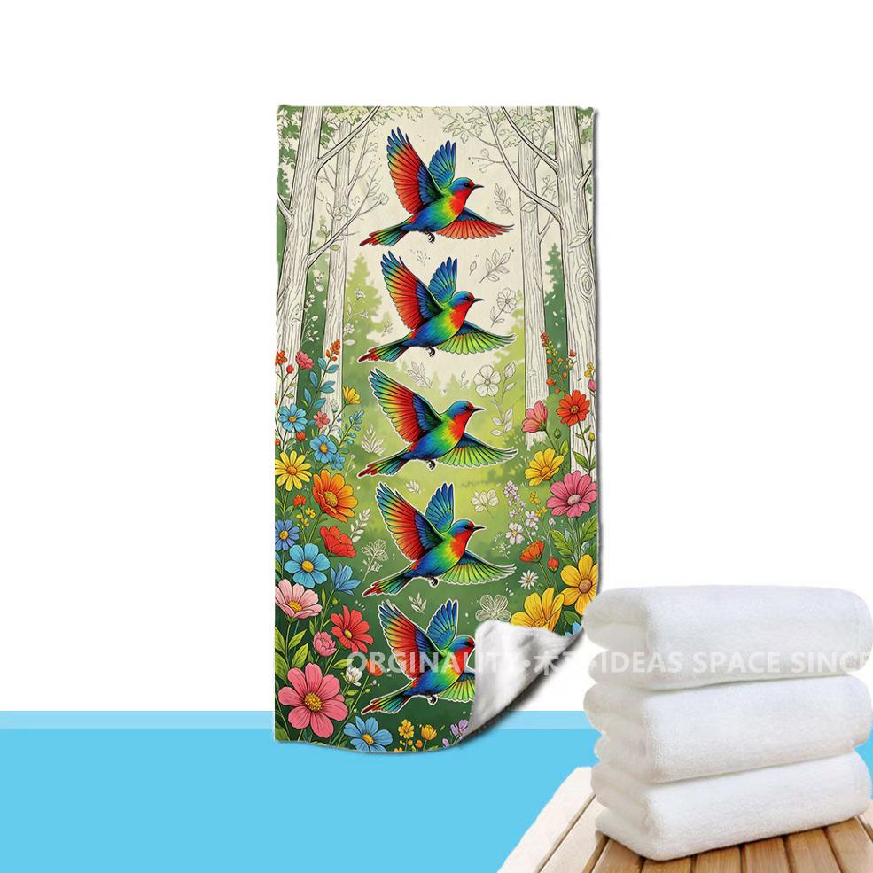 Rainbow Birds Floral Beach Towel Patterned Sunscreen And Windproof Suitable For Swimming Pool Camping Travel