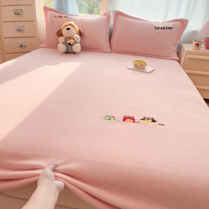 2026 Cartoon Milk Fleece Embroidered Bed Cover: Non-slip Plush Mattress Protector Two Pillowcases