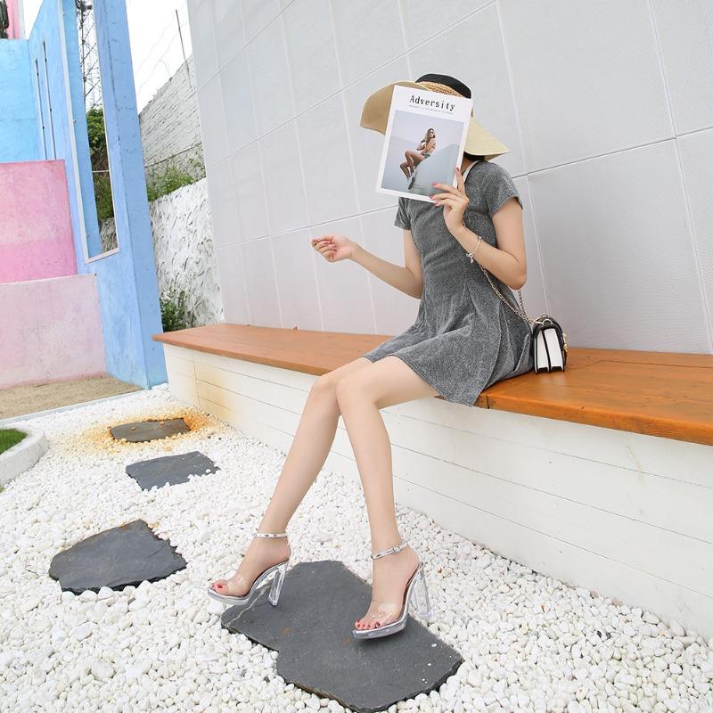 Fashion transparent women's sandals summer cool stiletto style lacquered buckle women's flat bottom comfortable