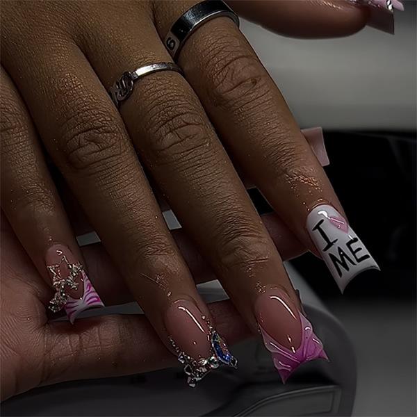 

Exploding star chain manicure French pink zebra pattern wearing nail French 3D water ripple gradual change nail piece
