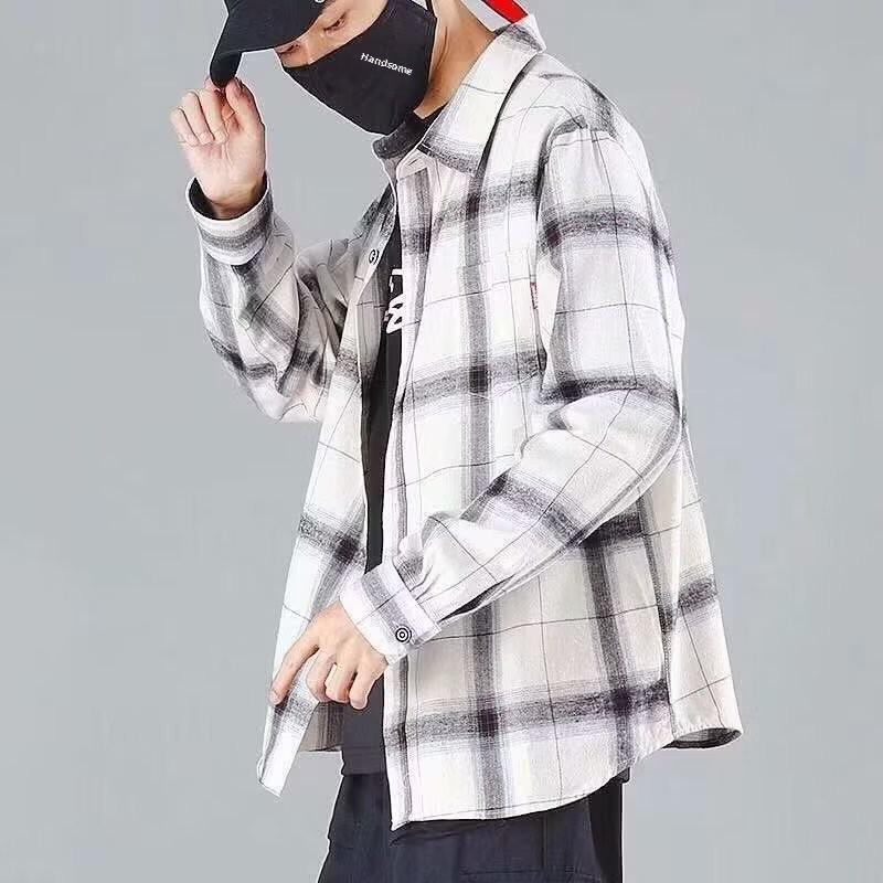 Men's Long Sleeve Korean Plaid Shirt - Hong Kong Style Spring/Autumn Trend