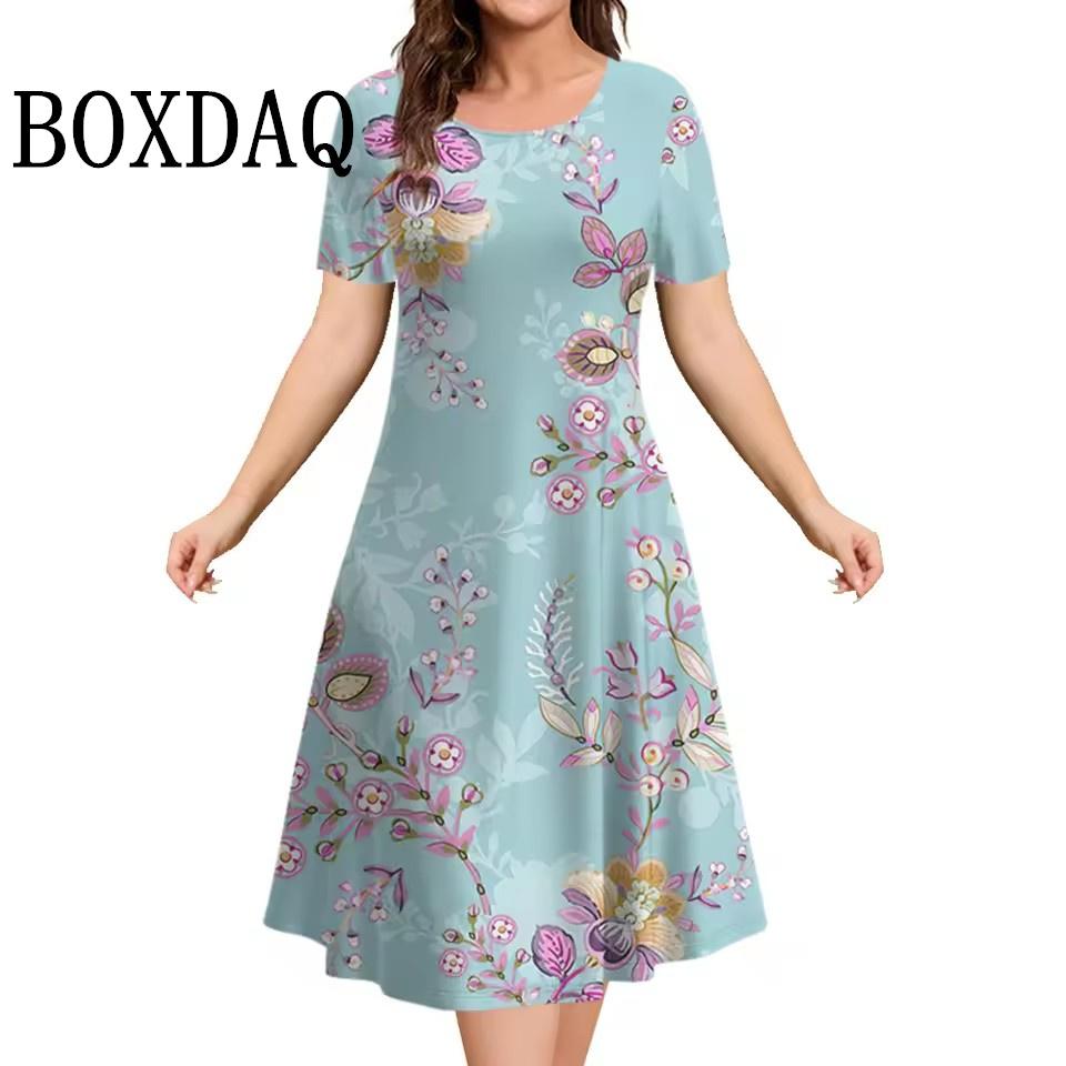 New 2025 Dresses Women 3D Flowers Printing Short-Sleeve Sundress Summer Casual Pullover Fashion Loose Ladies Dresses